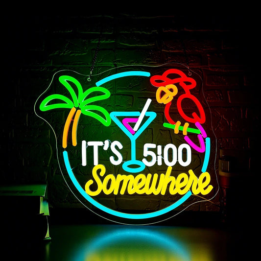 Neon sign with palm tree, parrot, cocktail glass, and 'It's 5 o'clock somewhere' text.