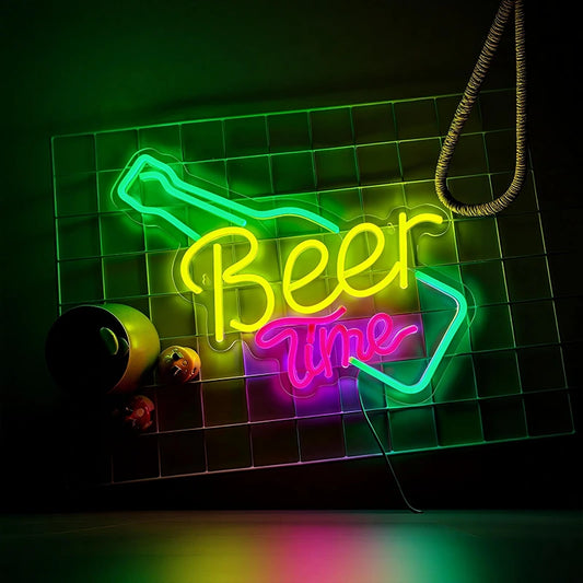 Neon sign with 'Beer time' text on a dark background
