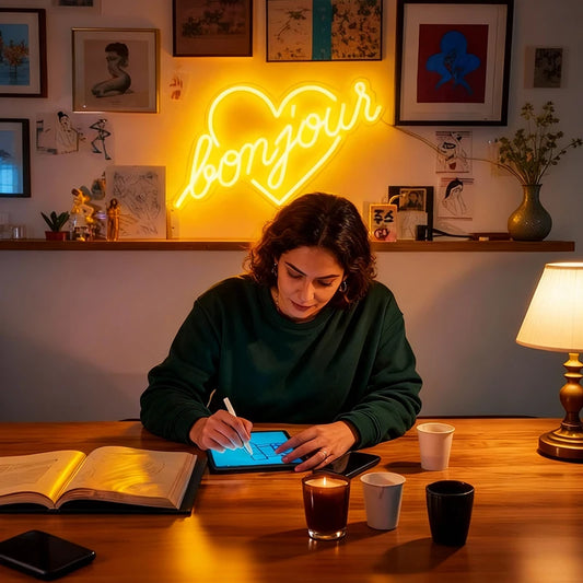 Person using a tablet at a desk with a 'bonjour' neon sign in the background