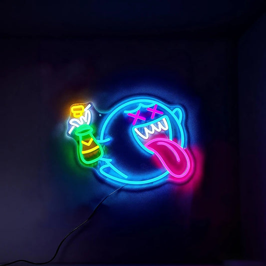 Neon sign with a cartoonish design of a bottle and open mouth on a dark background