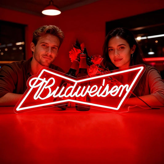 Budweiser Neon Sign with two couple in the bar