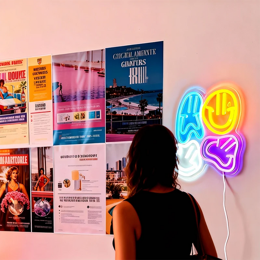 Person standing in front of a wall with colorful posters and a distorted smiley faces neon sign.