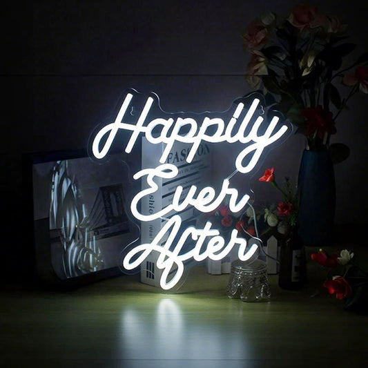 Neon sign with 'Happily Ever After' text on a dark background