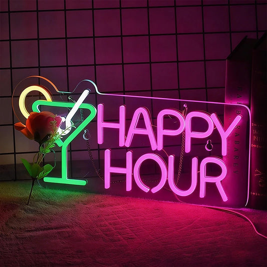Neon sign with 'Happy Hour' text and cocktail glass design on a dark background