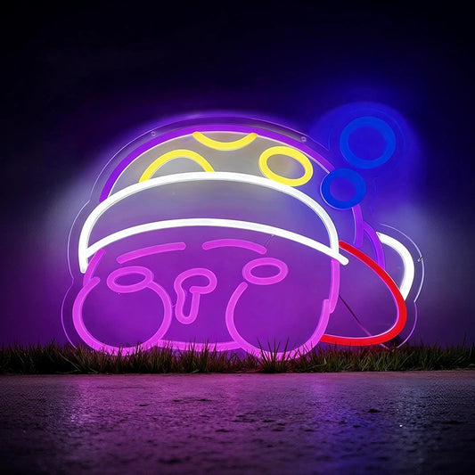 Neon sign of a cartoon character waddle dee kirby on a dark background