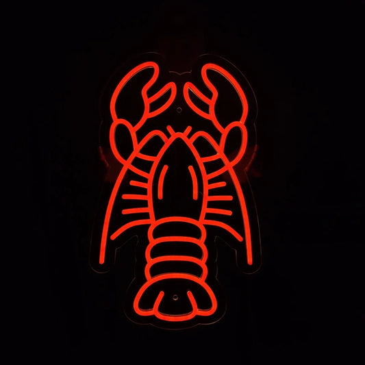 A glowing red neon-style outline sign shaped like a lobster, centered on a black background.