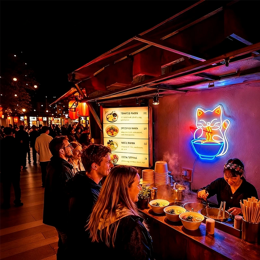 Japanese ramen street food stall at night featuring a glowing lucky cat LED neon sign mounted on the wall, customers waiting for fresh ramen bowls, warm ambient lighting, and vibrant urban night market atmosphere.