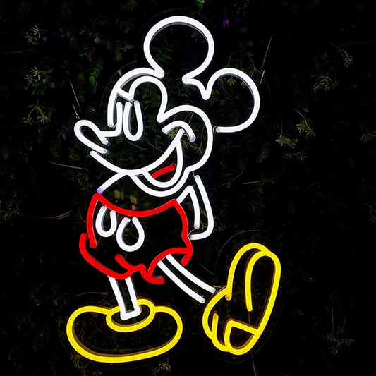 Neon sign of a cartoon character mickey mouse in red shorts and yellow shoes on a dark background