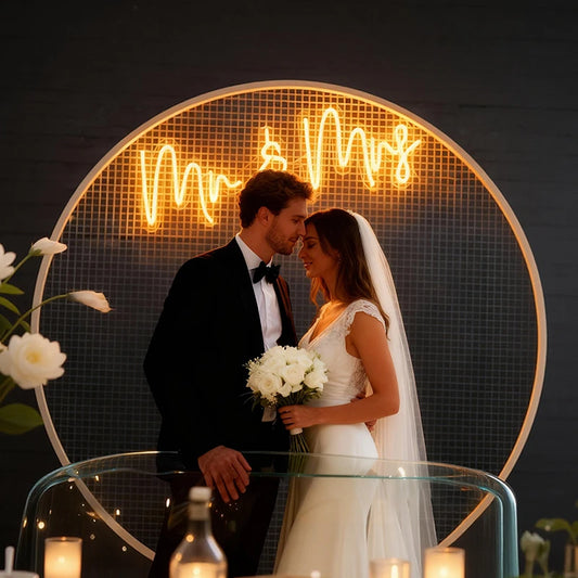 Wedding couple in front of a 'Mr & Mrs' neon sign.