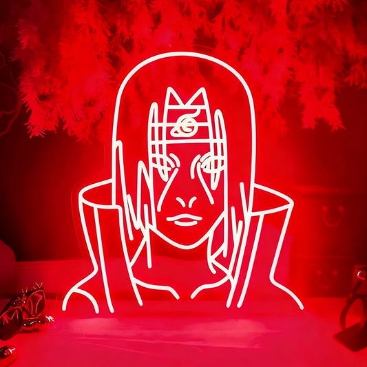 Neon light sculpture of naruto on a red background