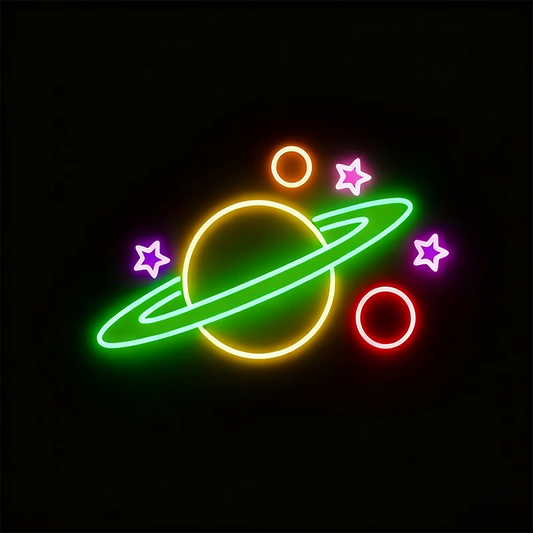 Galaxy neon sign of a planet and stars on a black background