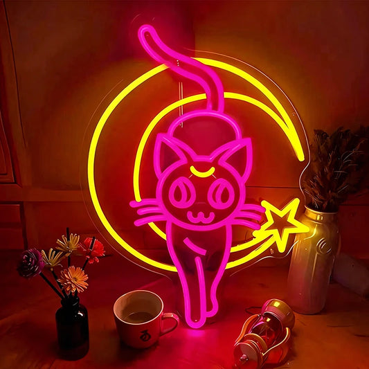 Neon sign of a cat character with pink and yellow colors on a wooden surface.