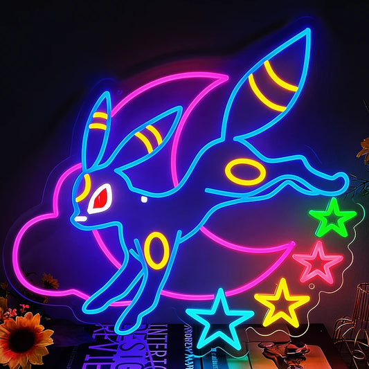Neon sign of a cartoon character umbreon with stars on a dark background