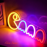 Neon sign shaped like a smiley face with colorful lights on a dark background