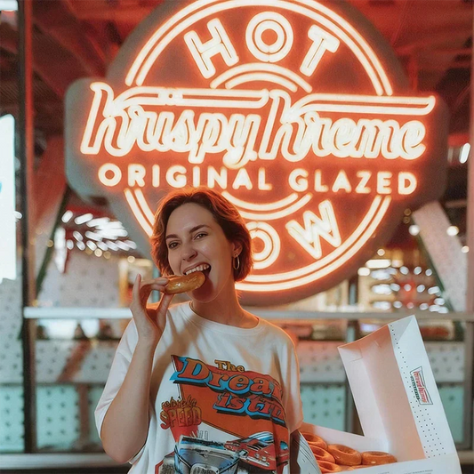 Person eating a doughnut in front of a Krispy Kreme sign