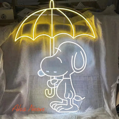 A neon sign featuring a cute anime-style character resembling Snoopy, holding an umbrella, illuminated in yellow color -2.