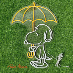 A neon sign featuring a cute anime-style character resembling Snoopy, holding an umbrella, illuminated in yellow color -3.