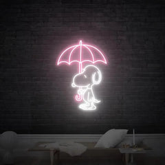 A neon sign featuring a cute anime-style character resembling Snoopy, holding an umbrella, illuminated in pink color.