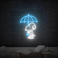 A neon sign featuring a cute anime-style character resembling Snoopy, holding an umbrella, illuminated in ice blue color.