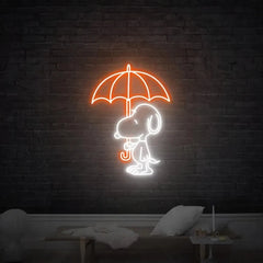 A neon sign featuring a cute anime-style character resembling Snoopy, holding an umbrella, illuminated in orange color.