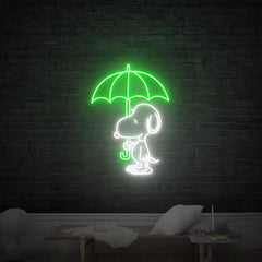 A neon sign featuring a cute anime-style character resembling Snoopy, holding an umbrella, illuminated in green color.