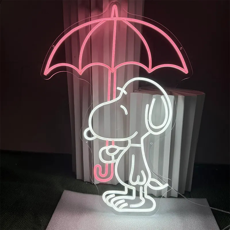 Neon sign of a dog with an light pink color umbrella on a dark background