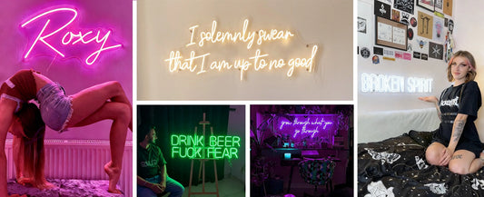 A 5-panel collage showcasing different neon signs. The top-left panel shows a hot pink neon sign reading 'Roxy' with a woman in a leather outfit posing underneath.