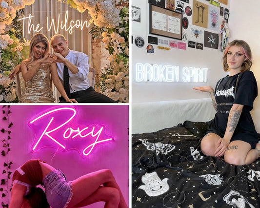 Three photos featuring neon signs and custom lighting. The top-left photo shows a couple posing in front of a floral wall with 'The Wilson' text overlay.