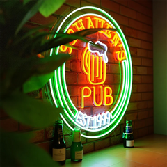 Neon sign with 'Pub' and beer bottle graphics on a brick wall background