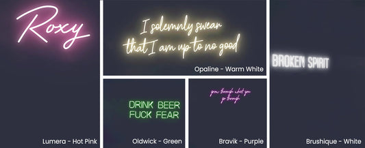 A collage of neon-style text effects and color options on a dark background, including phrases like 'Roxy,' 'I solemnly swear that I am up to no good,' 'DRINK BEER FUCK FEAR,' and 'BROKEN SPIRIT,' with labels such as Opaline, Warm White, Lumera, Oldwick, Bravik, and Brushique.