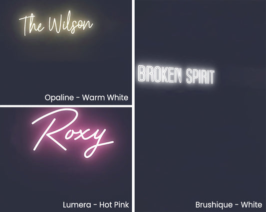 A collage showing four neon-style text effects on a dark background: 'The Wilson' in warm white, 'Broken Spirit' in white, 'Roxy' in hot pink, and 'Brushique - White' in white, with labels identifying the styles and names.