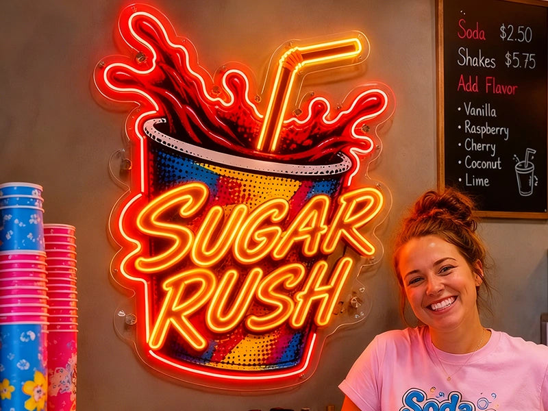 Glowing "Sugar Rush" neon sign with drink menu and flavor list for a café or ice cream parlor.
