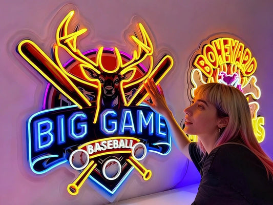 Custom LED business sign featuring a bold neon-style display reading "BIG BASEBALL GAME" in stacked typography, perfect for sports bars, stadium concessions, or event promotions.