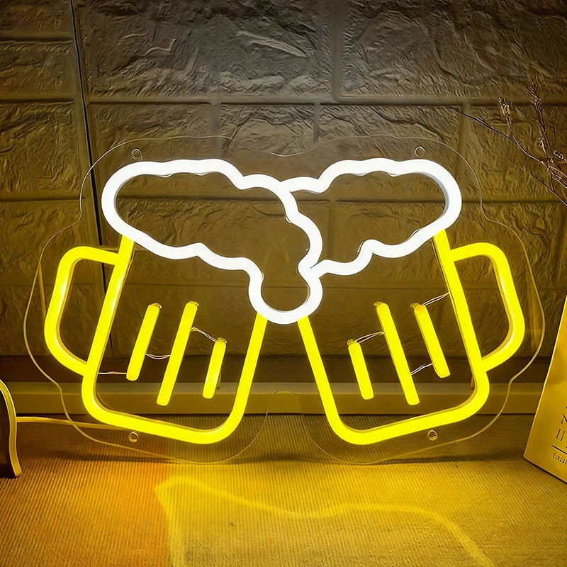 Neon sign of two beer mugs with a stone wall background
