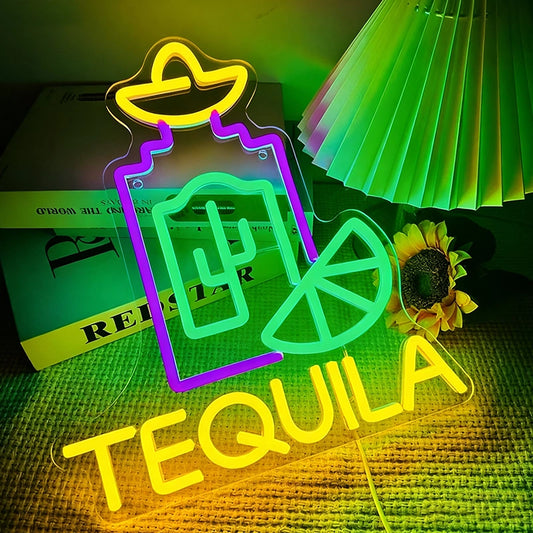 Neon sign with tequila design and 'TEQUILA' text on a textured surface.