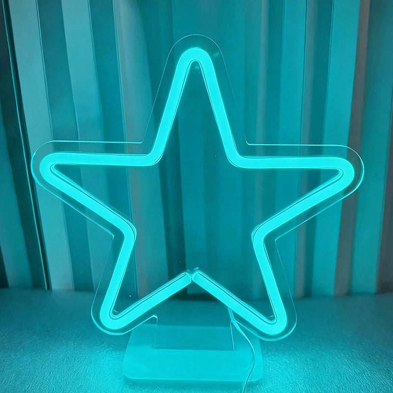 Neon star-shaped light on a stand against a tiled wall.