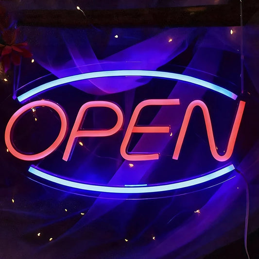 Neon 'OPEN' sign with red letters and blue accents on a dark background