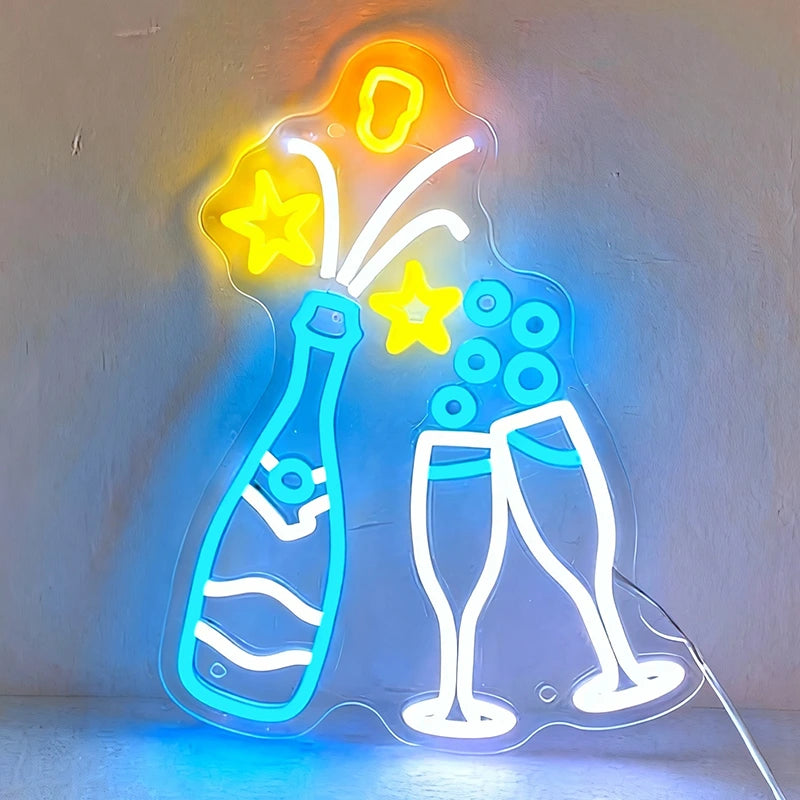Neon light sculpture of a bottle on a plain background
