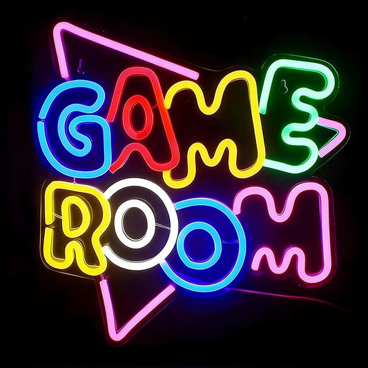 Neon sign with 'GAME ROOM' text on a black background