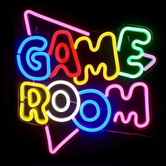 Neon sign with 'GAME ROOM' text on a black background