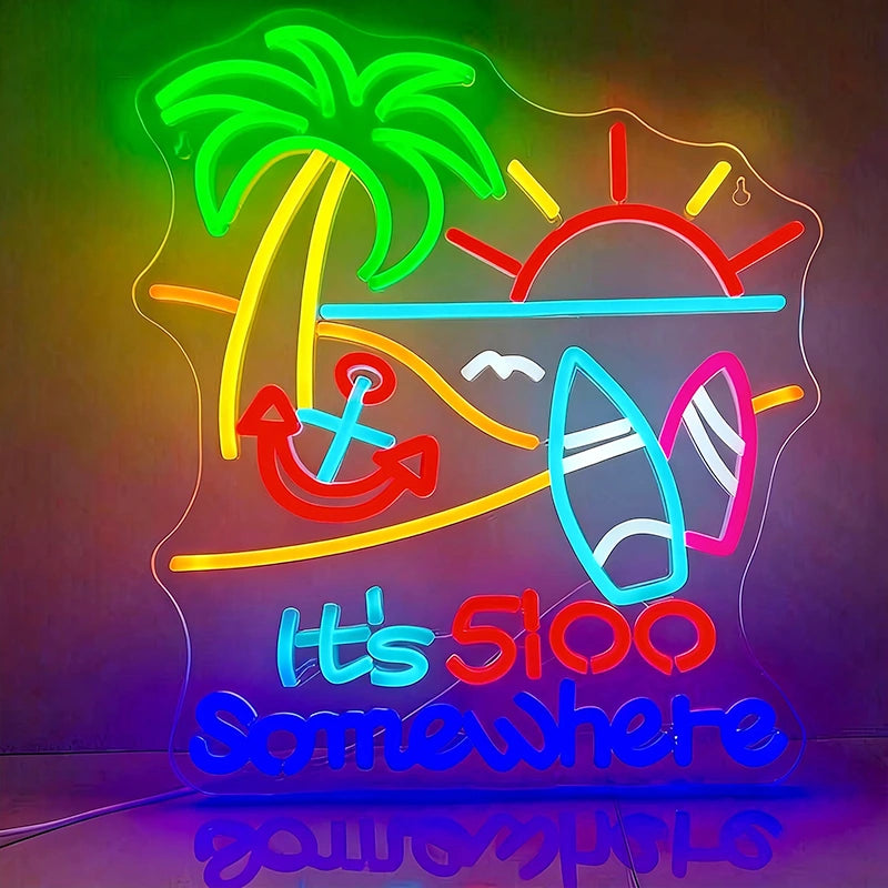 Neon sign with beach-themed design including palm tree, sun, surfboard, and anchor, with text 'It's 5100 Somewhere'.