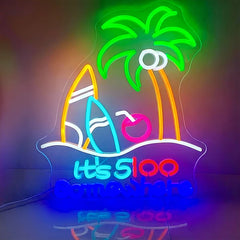 Neon sign with palm tree, surfboard, and cocktail, featuring 'It's 5 O'Clock' text.
