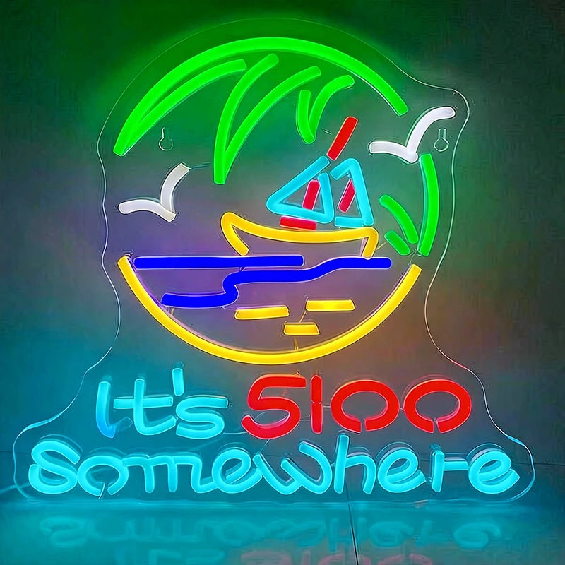 Neon sign with palm tree, beach scene, and 'It's 500 Somewhere' text on a dark background
