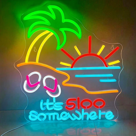 Neon sign with palm tree, sunset, and 'It's 500 Somewhere' text on a dark background