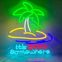 Neon sign with palm tree and 'It's 500 Somewhere' text on a dark background