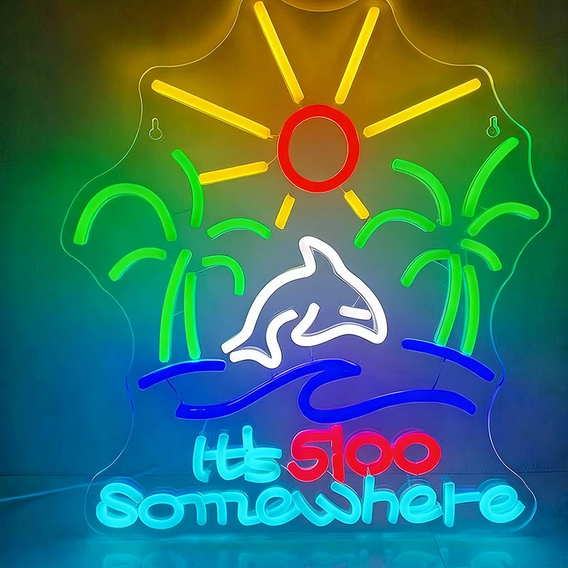 Neon sign with a dolphin, palm trees, and text 'It's 500 Somewhere' on a colorful background.