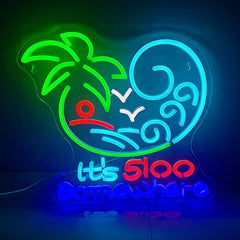 Neon sign with palm tree, wave, and 'It's 500 Somewhere' text on a dark background