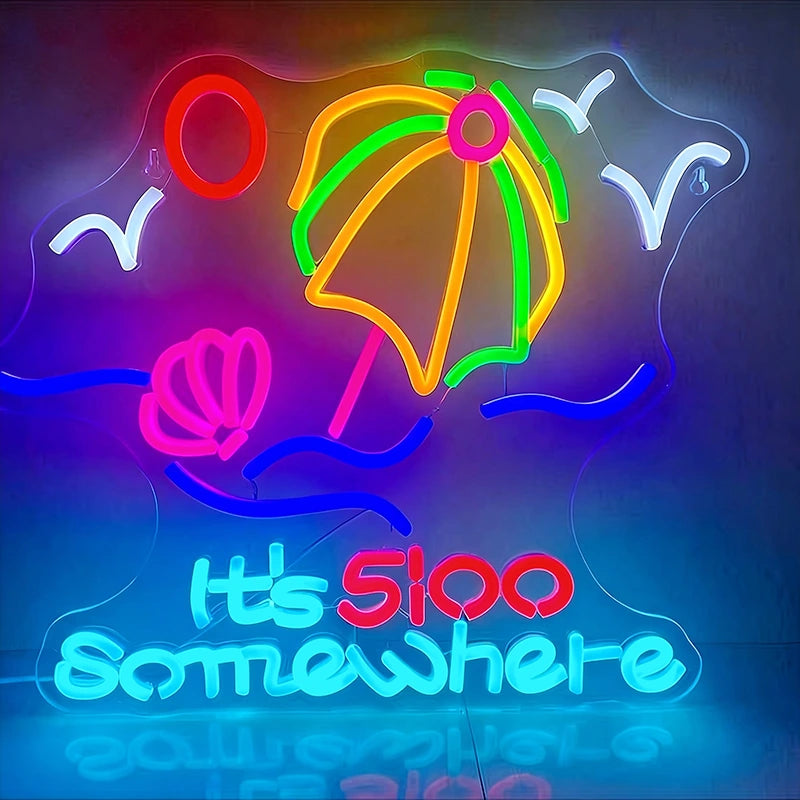 Neon sign with colorful umbrella and text 'It's 5!00 somewhere' on a dark background