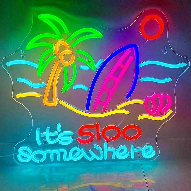 Colorful neon sign with palm tree, surfboard, and text 'It's 5 o'clock somewhere' on a dark background