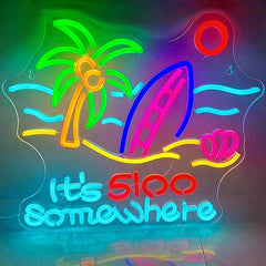 Colorful neon sign with palm tree, surfboard, and text 'It's 5 o'clock somewhere' on a dark background